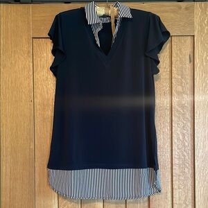 Adrianna Papell Blue Asymmetrical Ruffled Polo Blouse Like new!